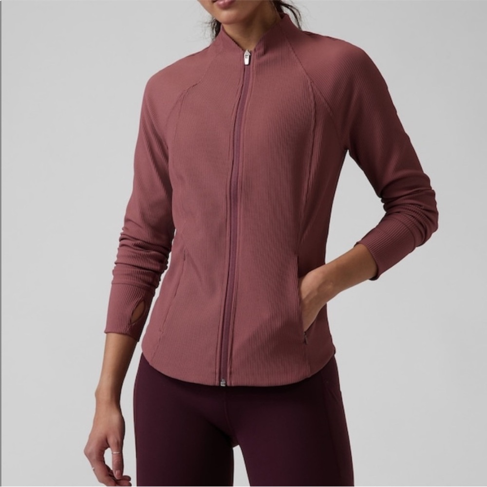 Athleta ribbed salutation jacket Tawny Rose XL with pockets and thumb holes